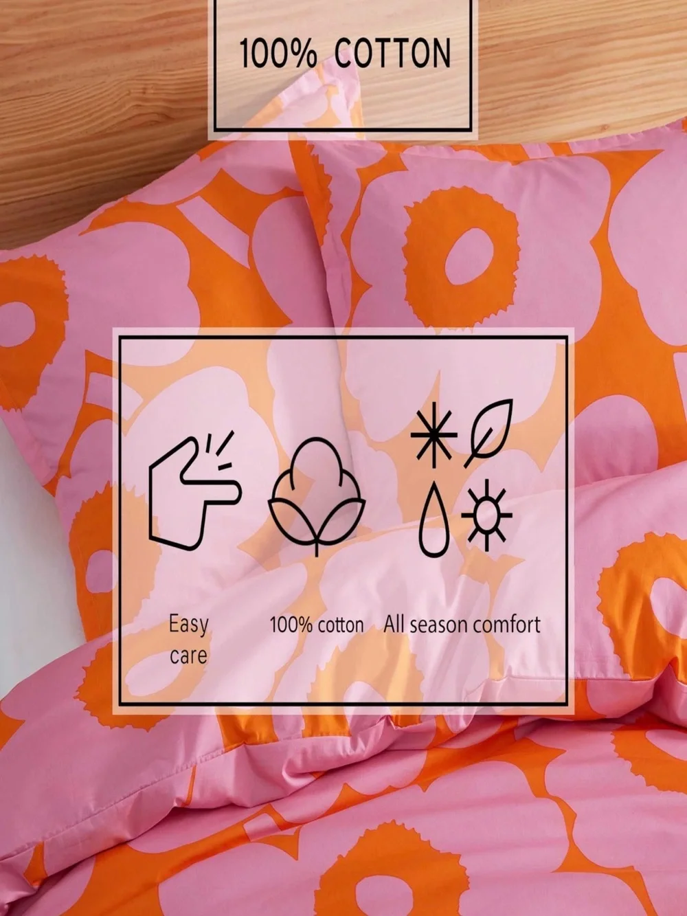 Marimekko Unikko Pink Orange Floral King Cotton Comforter Set 3PC NWT